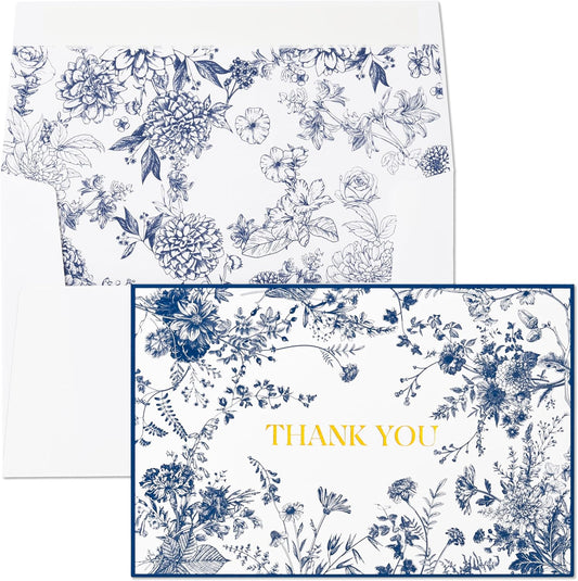 Crisky Navy Blue Floral Thank You Cards with Envelopes, 50 Pack Gold Foil Wildflower Greeting Notes Bulk for Birthday, Baby Shower, Bridal Shower, Wedding, Graduation