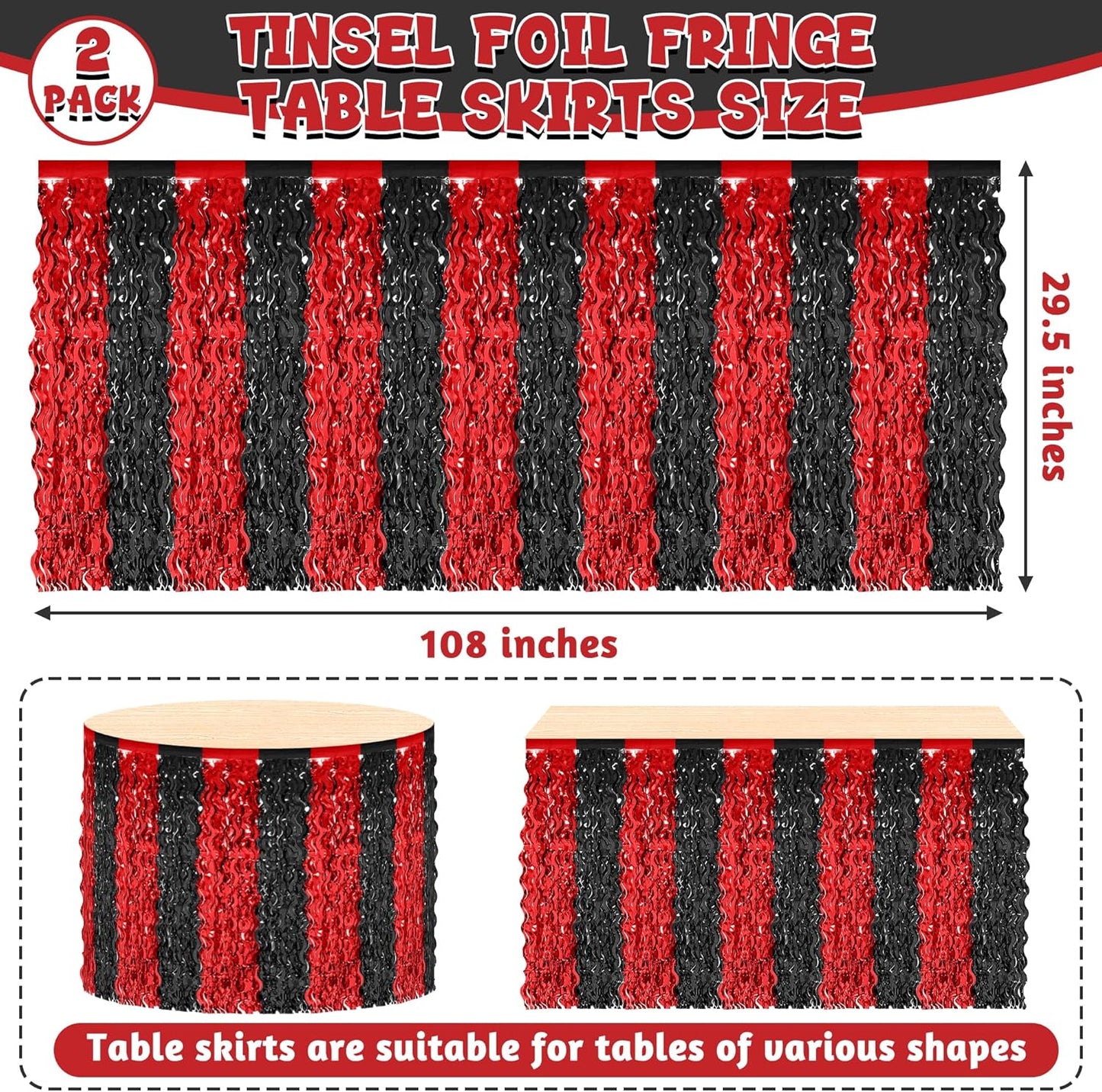 2 Pack Desk Skirt, Black Red Desk Grass Skirt for Table, Halloween Metallic Wavy Tinsel Foil Fringe Table Skirts, Foil Table Skirt for Halloween Graduations Birthday Indoor Party Decorations