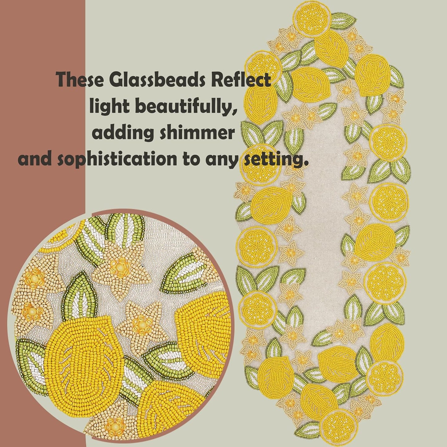 Beaded Table Runner - Handcrafted Lemon Design, Glass Beads & Polyester, Farmhouse Rustic Dining Kitchen Decor, Elegant Modern Luxury Holiday Seasonal Bridal (Yellow) - CLEEENTABLE
