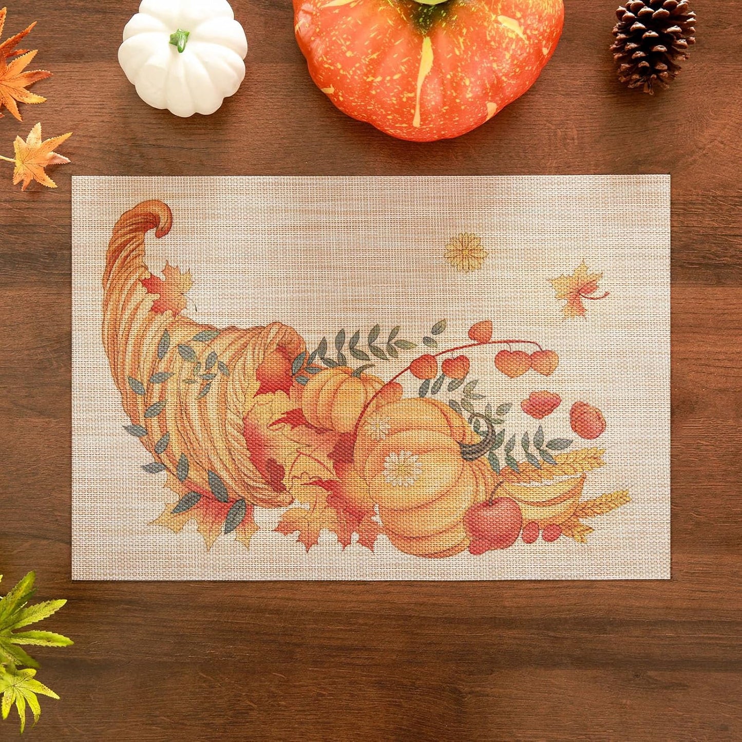 Thanksgiving Placemats Set of 4 Fall Place Mats Pumpkin Maple Leaves Table Mats Washable Non-Slip Heatproof Woven Placemats for Dining Table (17.7" X 11.8")