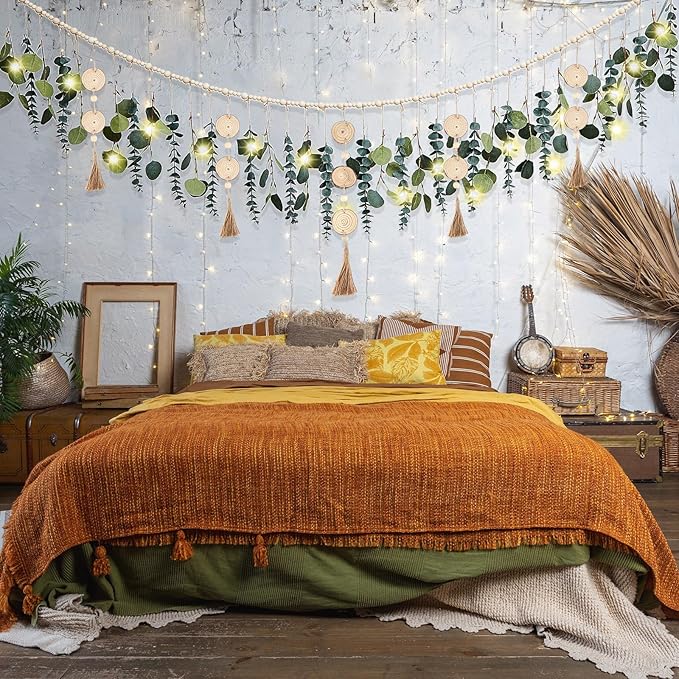 Juexica Artificial Hanging Eucalyptus Wall Decor Boho Bedroom Wall Decor with LED String Light for Home Office Farmhouse Nursery Bathroom Kitchen (Wooden Tassel)