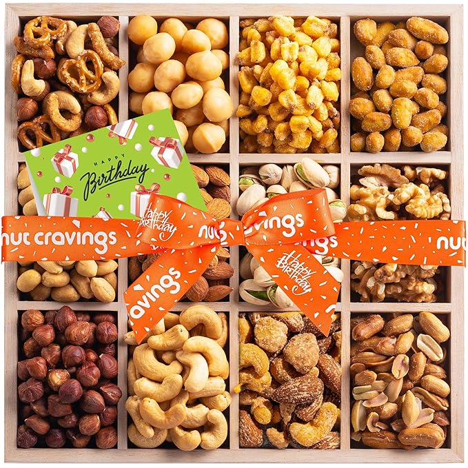 NUT CRAVINGS Gourmet Collection - Happy Birthday Treats, Nuts Gift Basket with Bday Ribbon in Reusable Wooden Tray (12 Assortments) Food Arrangement, Healthy Snack Care Package, Food Assortments