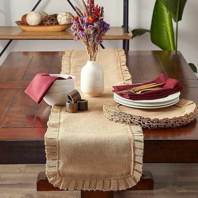 DII Jute Burlap Collection Kitchen Tabletop, Table Runner, 14x72, Ruffle Trim Natural