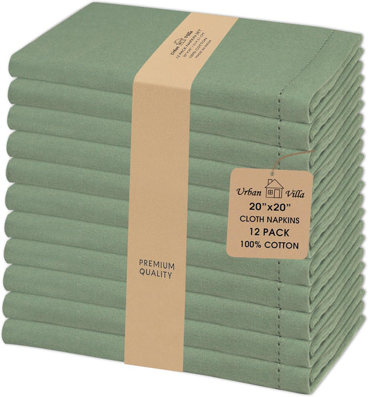 Urban Villa Fall Cloth Napkins Set of 12 100% Cotton Sage Color Hemstitch Dinner Napkins Cloths Washable 20”x20” Absorbent Soft Durable Reusable-Ideal for Everyday Use Parties Wedding Thanks Giving