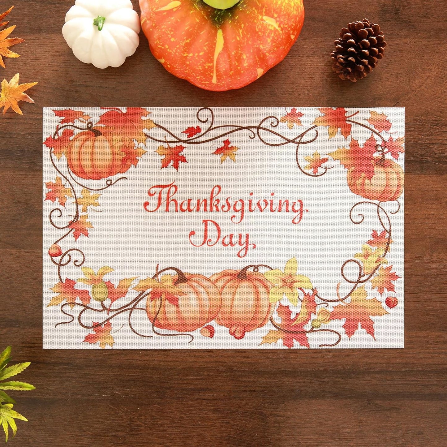 Thanksgiving Placemats Set of 4 Fall Place Mats Pumpkin Maple Leaves Table Mats Washable Non-Slip Heatproof Woven Placemats for Dining Table (17.7" X 11.8")