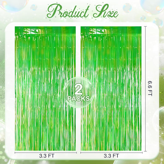 2 Pack Green Iridescent Streamers Backdrop, 3.3x6.6ft Foil Fringe Curtains Holographic Door Tinsel Streamers for Birthday, Wedding, Holiday, Bachelorette, Christmas Theme Party Decorations