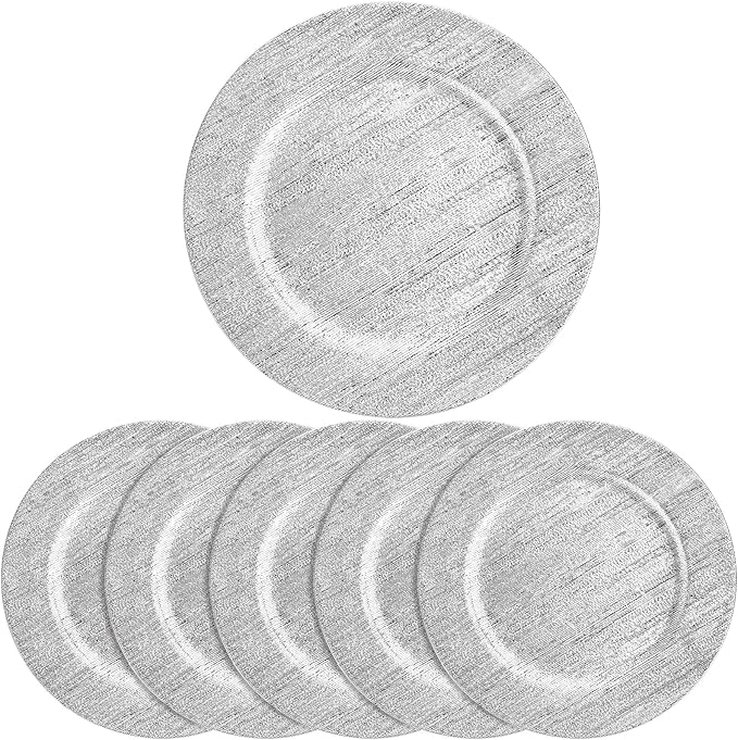 Jucoan 12 Pack Silver Charger Plates, 13 Inch Round Plastic Charger Plates, Decorative Silver Strip Plate Chargers for Dinner Plate, Wedding Thanksgiving Christmas Party Table Decor, Shiny Texture