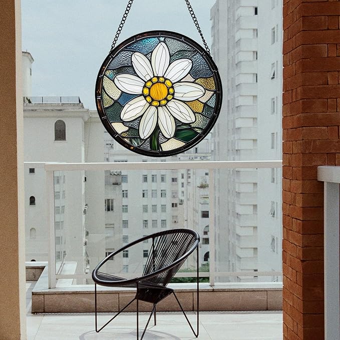 Stained Glass Window Hanging - Yellow White Daisy Birth Flower Suncatcher for Door Garden Yard Sun Catchers Decor Christmas Mother's Day Birthday Gifts for Teacher Women Mom Nana 7.8 in