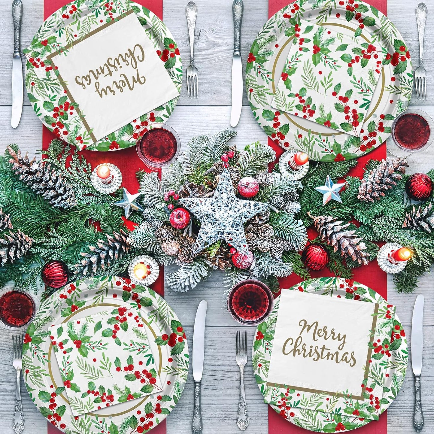 Christmas Party Supplies, Serve 50, Christmas Seasonal Holly Tableware Includes: Paper Dinner Plates, Dessert Plates, Luncheon Napkins and Beverage napkins, Great for Party Decorations