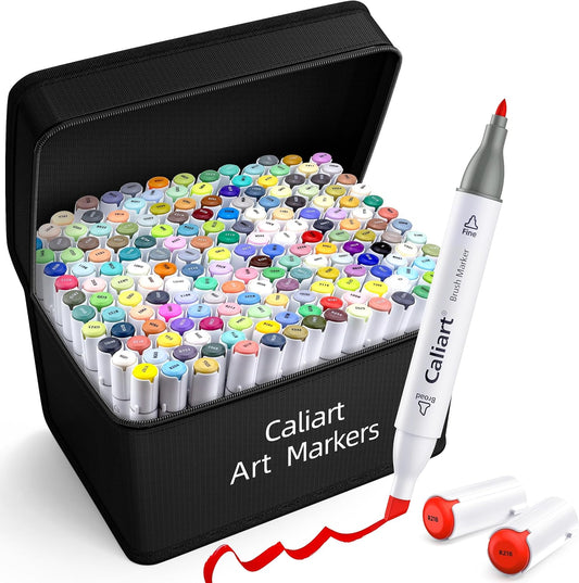 Caliart Alcohol Based Markers, 180 Colors Art Marker Set Fine & Chisel Dual Tip, Permanent Colored Pens for Adults Coloring Book Artists Illustration Sketch Lettering Drawing Cards Planner