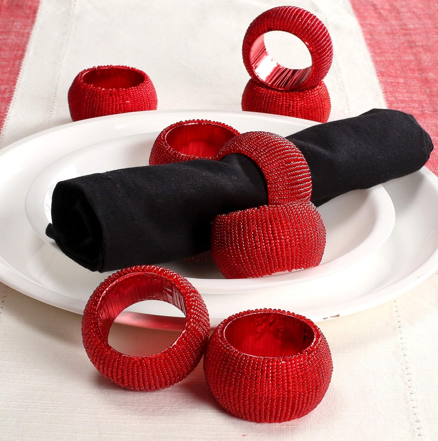 Handmade Beaded Napkin Rings Set of 6 - Red Napkin Holders, 2-Inch Elegant Table Décor, Handcrafted by Skilled Artisans - Perfect for Weddings, Parties & Everyday Dining