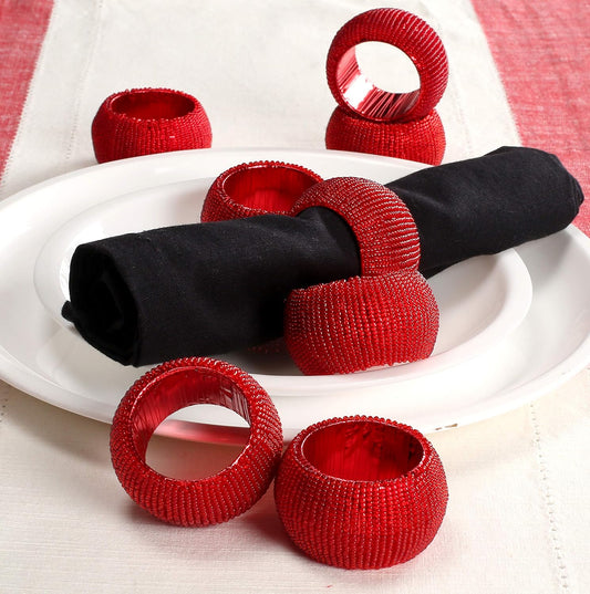 Handmade Beaded Napkin Rings Set of 6 - Red Napkin Holders, 2-Inch Elegant Table Décor, Handcrafted by Skilled Artisans - Perfect for Weddings, Parties & Everyday Dining