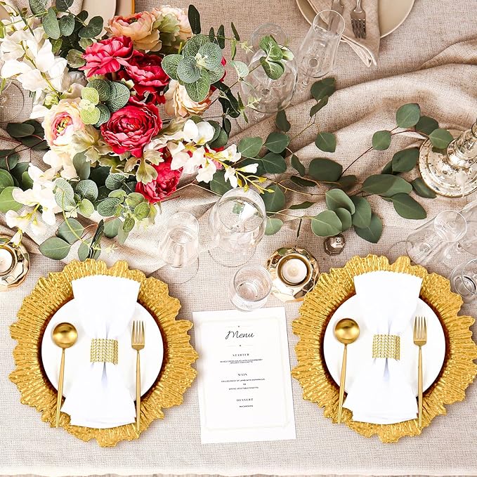 Rtteri 50 Pcs 13 Inch Charger Plates Bulk, Plastic Charger Plates with Floral Reef Design, Round Ruffled Rim Decorative Dinner Tableware for Wedding, Party, Event Table Decor(Gold)
