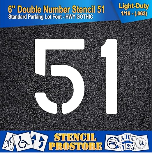 Pavement, Curb, and WheelStop Stencils - 6 inch Double Number Stencil - (51) - 6" x 6" x 1/16" (63 mil) - Light-Duty