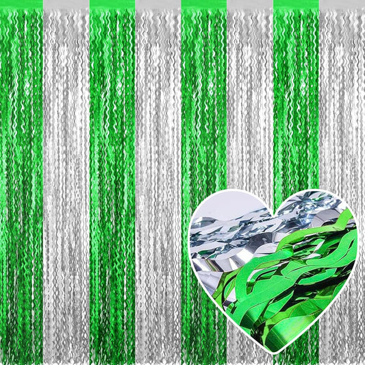4 Pack Silver Green Fringe Curtain Backdrop 3.2Ft x 8.2Ft Metallic Tinsel Foil Fringe Streamers Background for Photo Booth Mother's Day, Easter, Carnival, Birthday, Wedding Party Decoration