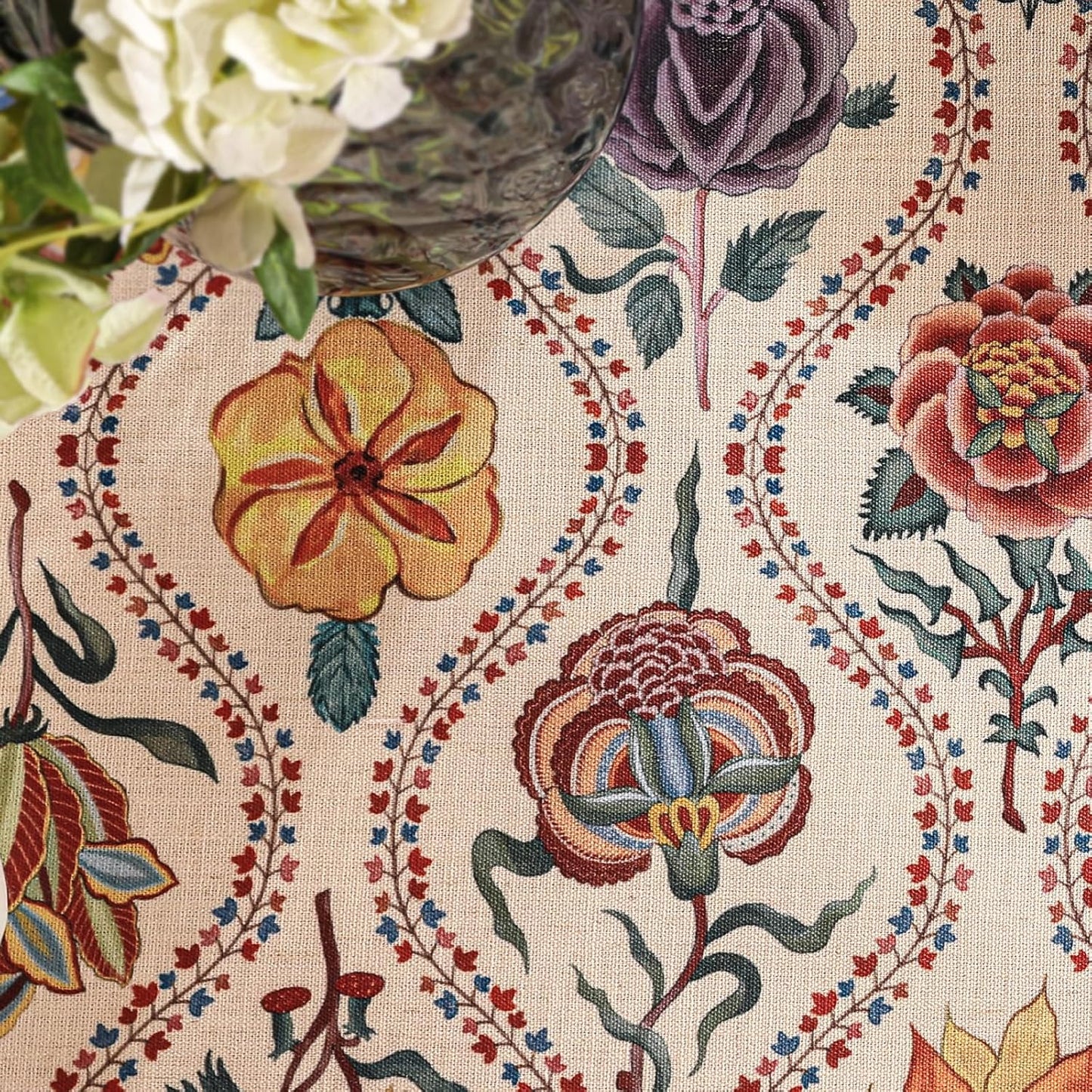 Vintage French Round Tablecloth,Linen Extra Long Tablecloth with Rose and Cornflower Pattern,Decorative Table Cover for Kitchen,Dining,Thanksgiving,Christmas,Party,Diameter 55"-Lanae