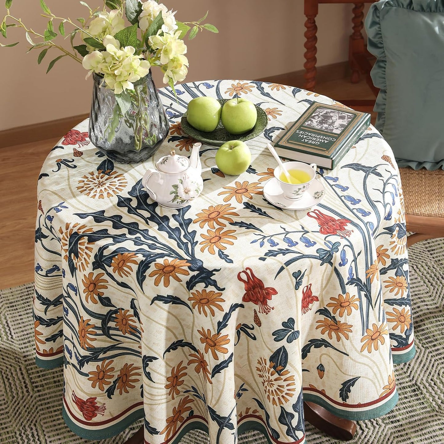 French Vintage Round Tablecloth,Linen Tablecloth with Gold and Red Floral Pattern,Decorative Table Cover for Kitchen,Dining,Thanksgiving,Christmas,Party,Diameter 67"-Tijuana