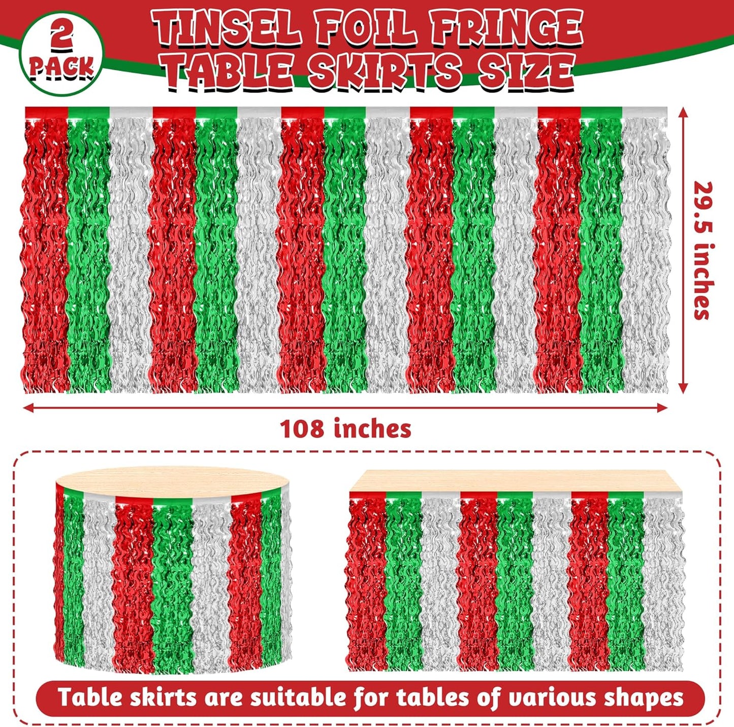 Christmas Table Skirt, 2 Pack Red Silver Green Desk Skirts Party Decorations, Metallic Xmas Wavy Tinsel Foil Fringe Table Skirts, Foil Table Skirt for Indoor Christmas Party Backdrop
