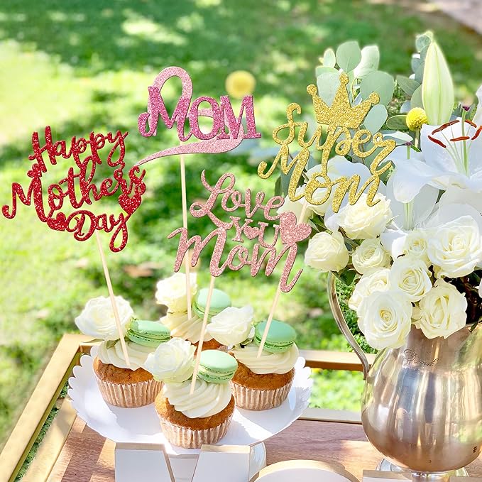 12 PCS Happy Mother's Day Centerpiece Sticks Double Sided Glitter Love Super Mom Best Mom Centerpieces for Happy Mother's Day Theme Table Flower Decorations Women Birthday Party Supplies Colorful