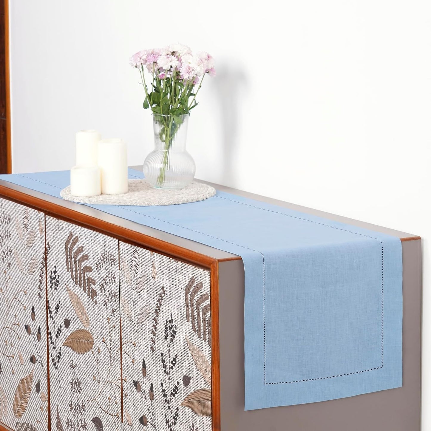 D'Moksha Homes Linen Powder Blue Table Runner 84 Inches Long - 100% Pure Linen Table Runner 14 x 84 Inch for Fall, Autumn and Halloween - Classic Hemstitch