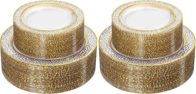 Nervure 102PCS Gold Plastic Plates - Disposable Clear Gold Party Plates Include 51PCS 10.25inch Dinner Plate & 51PCS 7.5inch Dessert Plate Perfect for Wedding & Party & Christmas (Pack of 2)