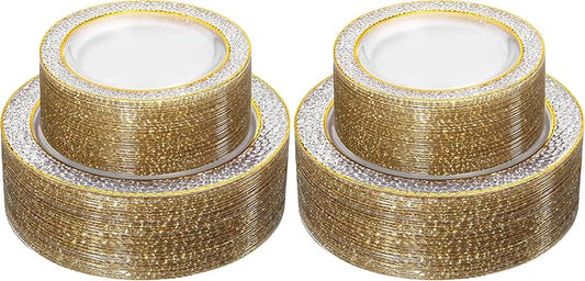 Nervure 102PCS Gold Plastic Plates - Disposable Clear Gold Party Plates Include 51PCS 10.25inch Dinner Plate & 51PCS 7.5inch Dessert Plate Perfect for Wedding & Party & Christmas (Pack of 2)