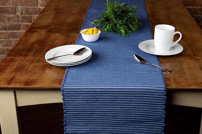 Sticky Toffee Cotton Table Runner 14x72 in – Blue Woven Ribbed Farmhouse Boho Décor for Kitchen or Dining Table, Oeko-Tex Cotton