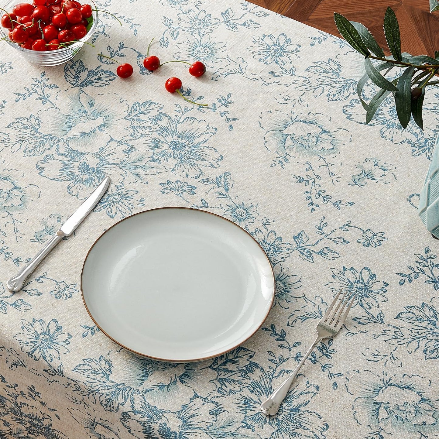 jinchan Linen Table Cloth 52 x 70 Inch with Flower Print Farmhouse Beige Linen Blend Cloth for Rectangle Dining Table Washable Cottage Table Cover Home Decor 1 Panel Floral Blue on Beige