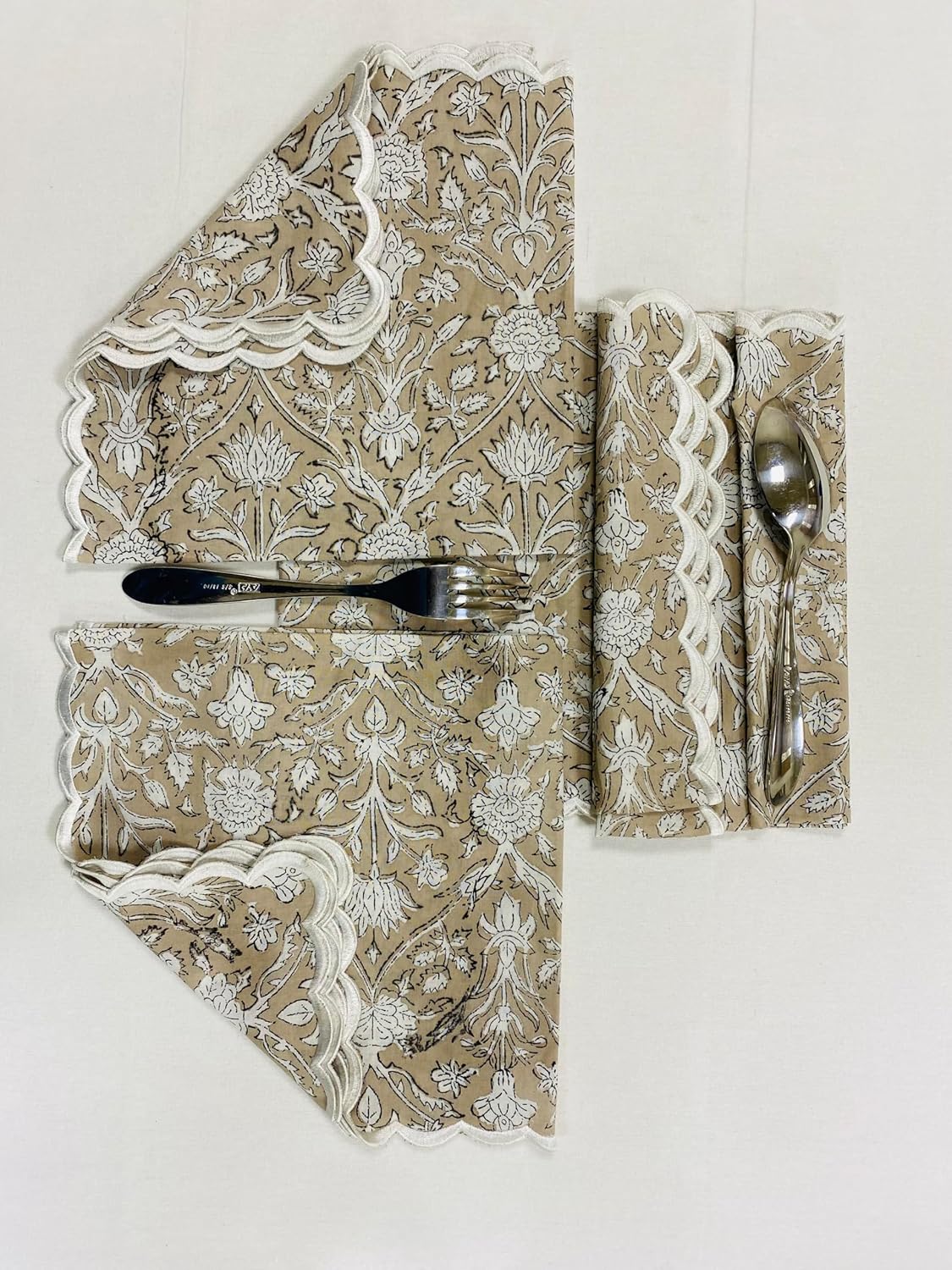 Ridhi Taupe Hand Block Print Napkins 18" x 18" Set of 4 Reusable Cotton Dinner Napkins for Weddings, Parties & Everyday Dining, Thanksgiving, Christmas, Fall