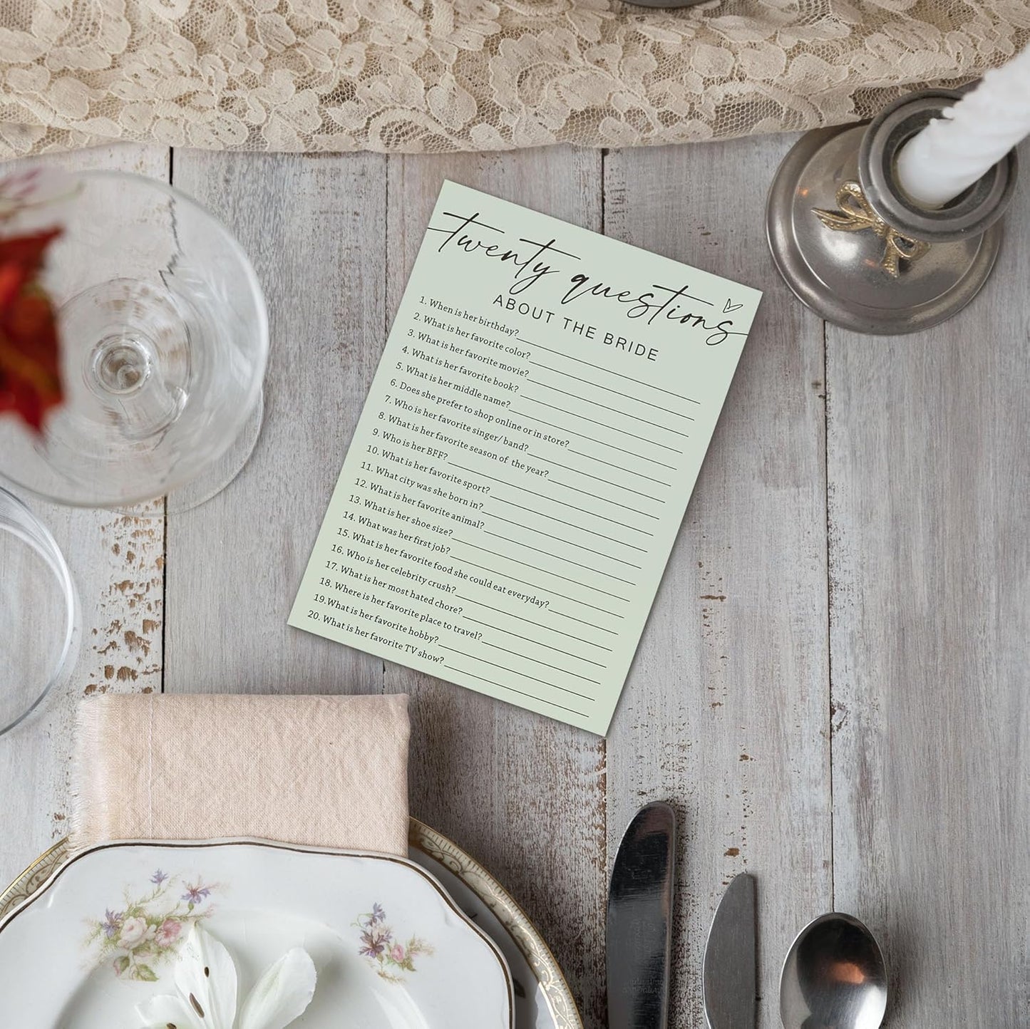 Bridal Shower Games, Twenty Questions About The Bride, 25Pcs Minimalist Sage Green Bridal Game Cards, Wedding Shower Games for Guests, Engagement Bachelorette Party Supplies