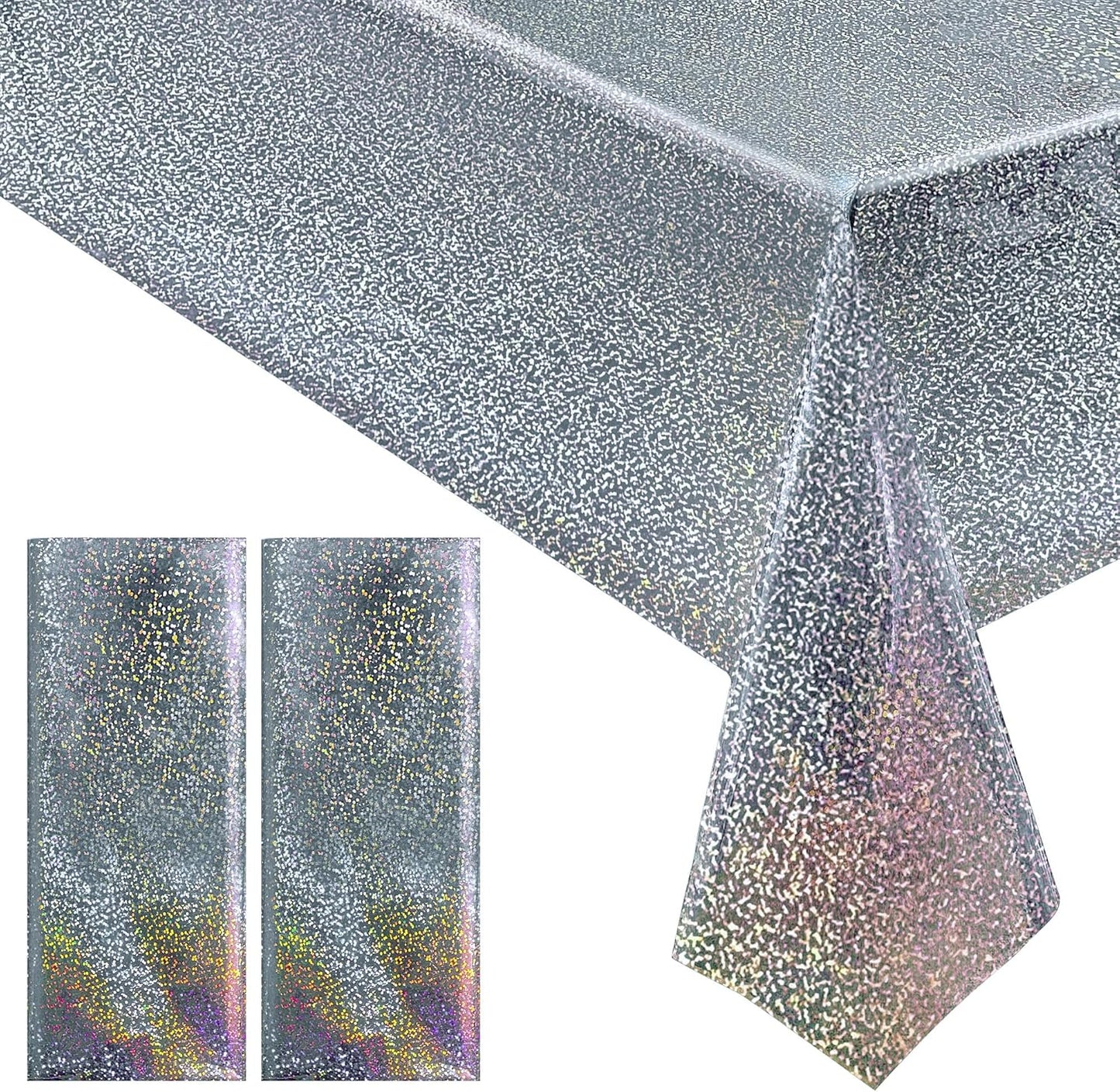 2 pcs Silver Holographic Tablecloths Shiny Disco Laser Table Cloths 40" x 108" Iridescence Plastic White Table Cover for Birthday Party Decoration Wedding Christmas Winter Grad Party Supplies