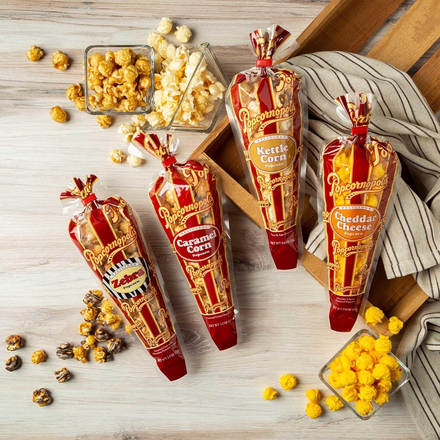 Popcornopolis Gourmet Popcorn Mini Cones Variety Pack (40-Count) –10 Each of Zebra, Cheddar Cheese, Caramel & Kettle Corn Popcorn, Great for Gifting, Parties & Snacks,