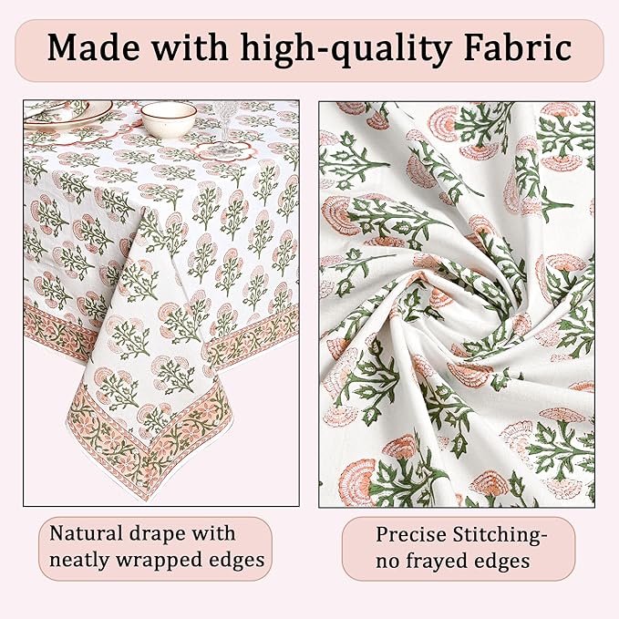 Ridhi Hand Block Print Mughal Buta Peach Rectangle Cotton Tablecloth 108" x 60" Reusable Table Cover Decorative Everyday Use for Dining, Farmhouse, Home Gift for Spring, Easter, Valentine