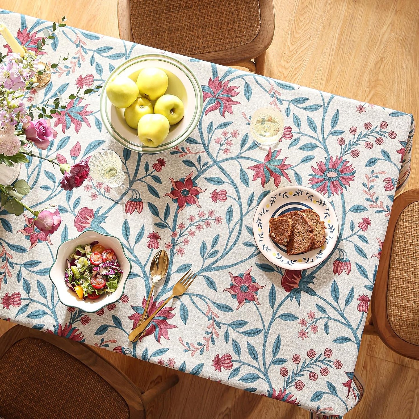 Designer Linen Rectangle Tablecloth,Vintage William Morris Wrinkle Free Floral Extra Long Table Cloth,Decor Table Cover for Kitchen,Dining,Thanksgiving,Christmas,63"*110"-Dorodango B