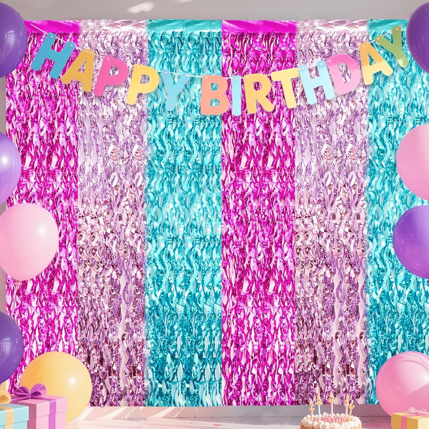 ADLKGG 3 Pack Wavy Foil Fringe Curtain, Pink Purple Blue Streamers Water Beach Backdrop for Mermaid Theme Birthday Decorations Under The Sea Party Decorations, Summer Holiday Party, 3.3x6.6 Feet