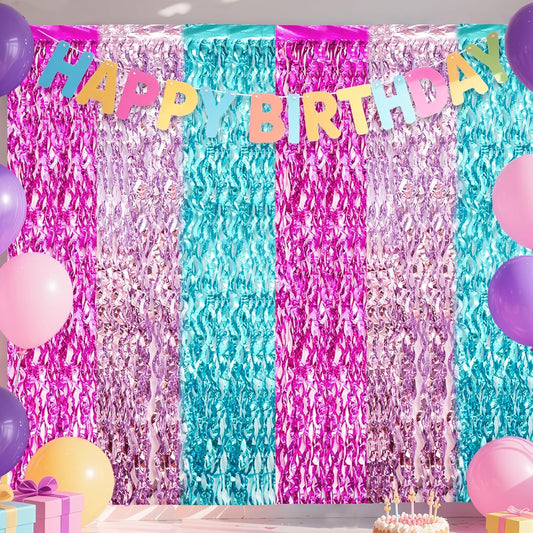 ADLKGG 3 Pack Wavy Foil Fringe Curtain, Pink Purple Blue Streamers Water Beach Backdrop for Mermaid Theme Birthday Decorations Under The Sea Party Decorations, Summer Holiday Party, 3.3x6.6 Feet