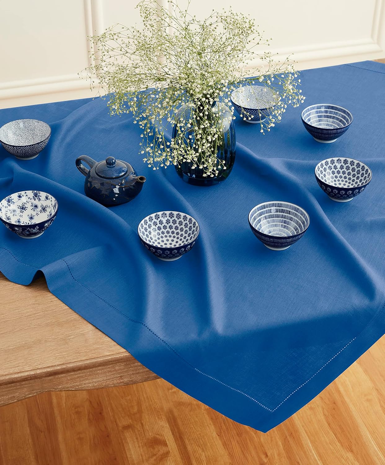 Solino Home Linen Square Tablecloth 52 x 52 Inch - 100% Pure Linen Indigo Blue Table Throw - Classic Hemstitch, Machine Washable Table Cloth for Fall, Autumn, Christmas