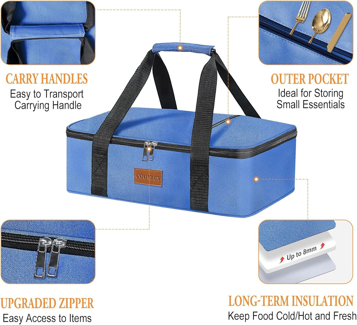 Insulated Casserole Carrier - Single Layer Design, Thermal Bag for Hot&Cold Food Transport, Fits 9x13 Casserole Dish, Leak-Proof, Durable Nylon, Zip Pockets,Navy Blue