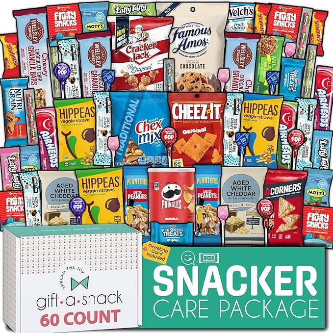 Gift A Snack - Halloween Trick or Treats Snack Box Variety Pack Care Package + Greeting Card (60 Count) Birthday Sweet Treats Gift Basket, Candies Chips Crackers Bars, Office Food Assortments
