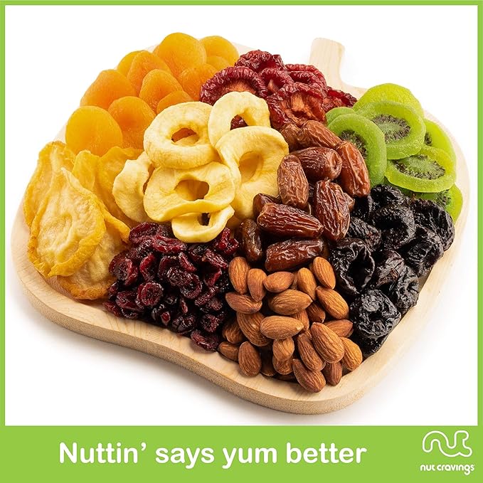 NUT CRAVINGS - Halloween Treats For Adults Dried Fruit & Mixed Nuts Gift Basket in Wooden Apple-Shaped Tray (9 Assortments) Holiday Xmas Christmas Food Arrangement, Healthy Snack Care Package,