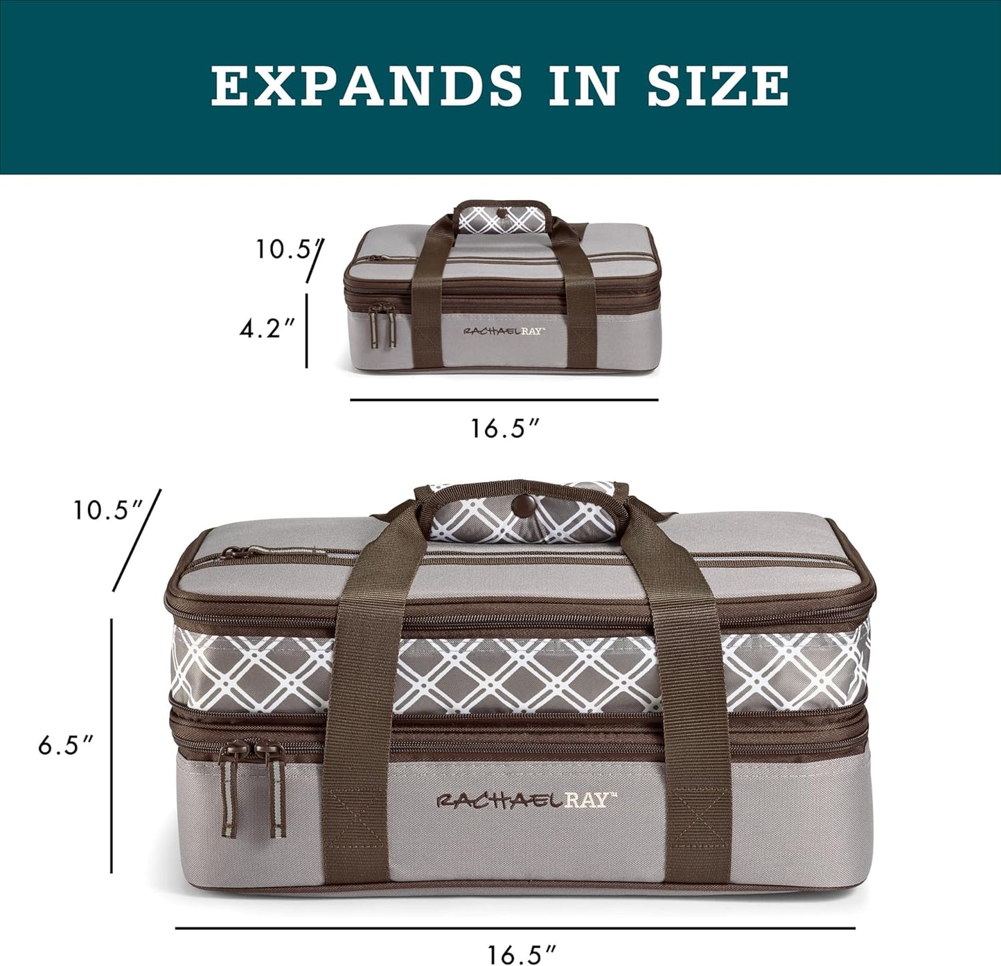 Rachael Ray Expandable Insulated Casserole Carrier for Hot or Cold Food, Thermal Lasagna Lugger Tote for Potluck, Parties, Picnic, and Cookouts, Fits 9" x 13" Baking Dish
