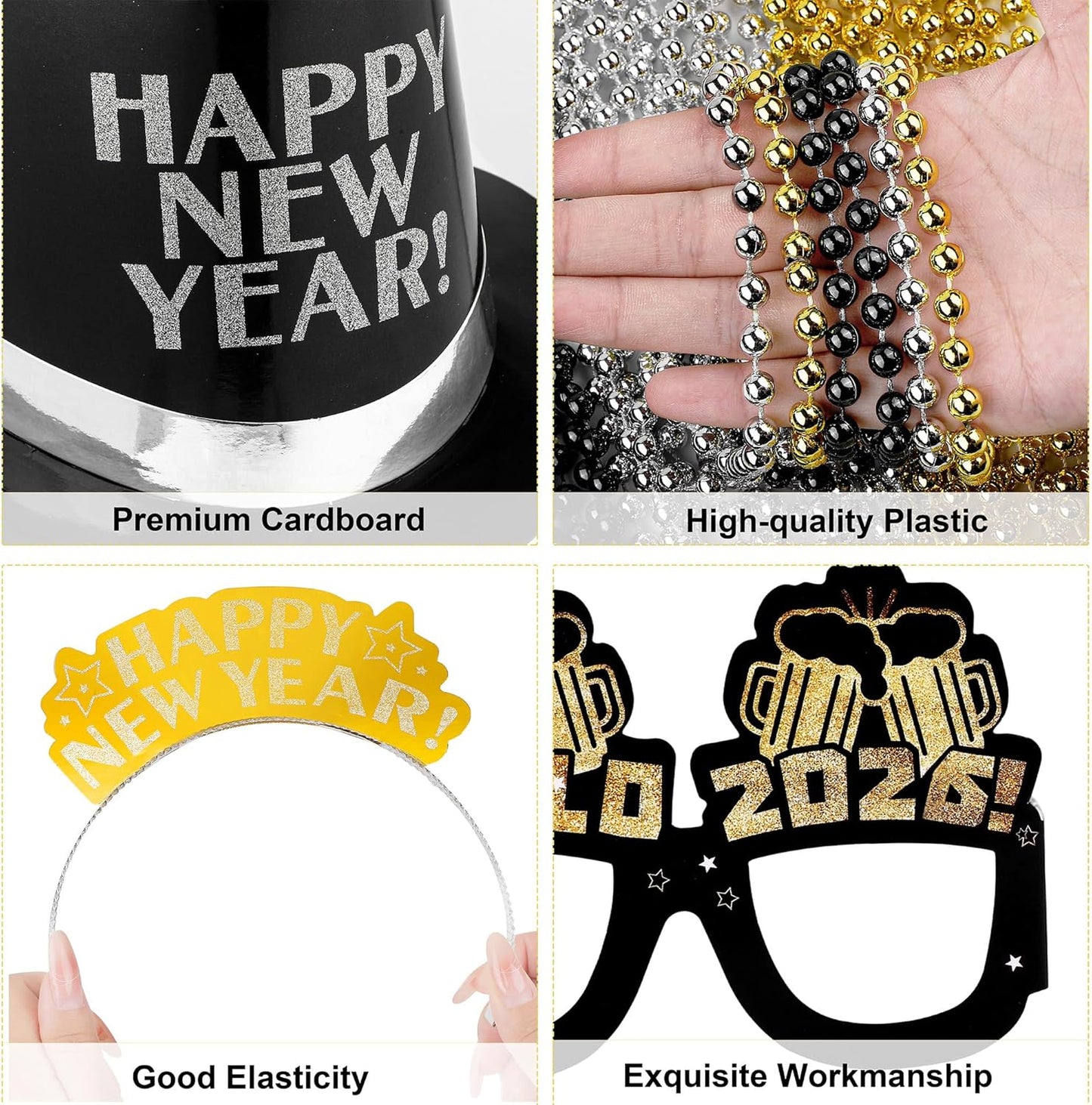 Fovths 264 Pieces 2026 New Years Eve Party Supplies Includes Glasses Top Hats Headband Noisemakers Horns Bead Necklaces Plastic Leis New Year Party Favors for Celebration Decoration Gift