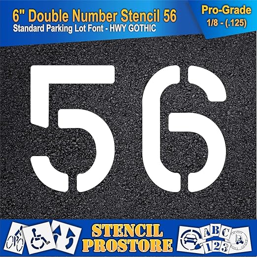 Pavement, Curb, and WheelStop Stencils - 6 inch Double Number Stencil - (56) - 6" x 9" x 1/8" (128 mil) - Pro-Grade