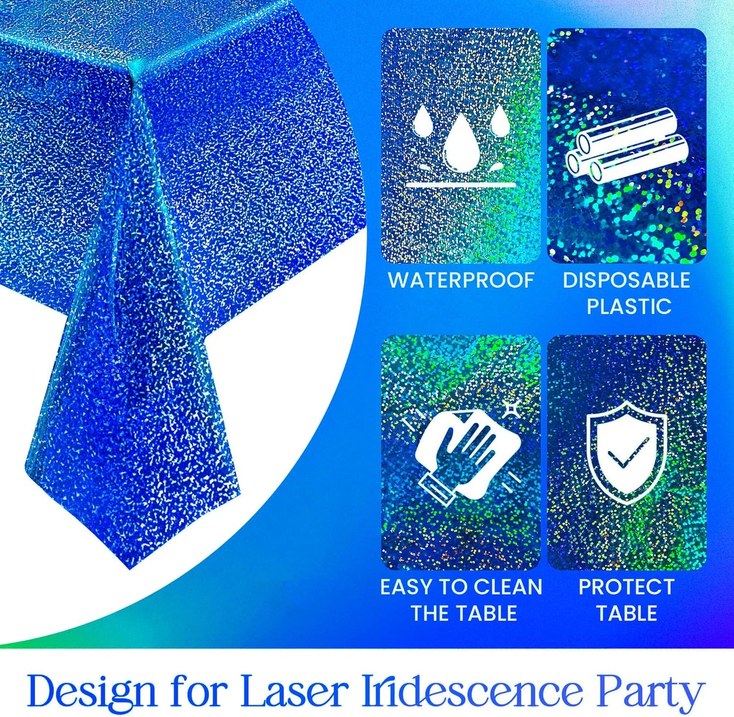 4 pcs Royal Blue Holographic Party Tablecloth 40" x 108" Iridescence Plastic Table Cloth Navy Blue Sparkly Table Covers for Graduation 4th of July Birthday Winter Christmas Party Decoration