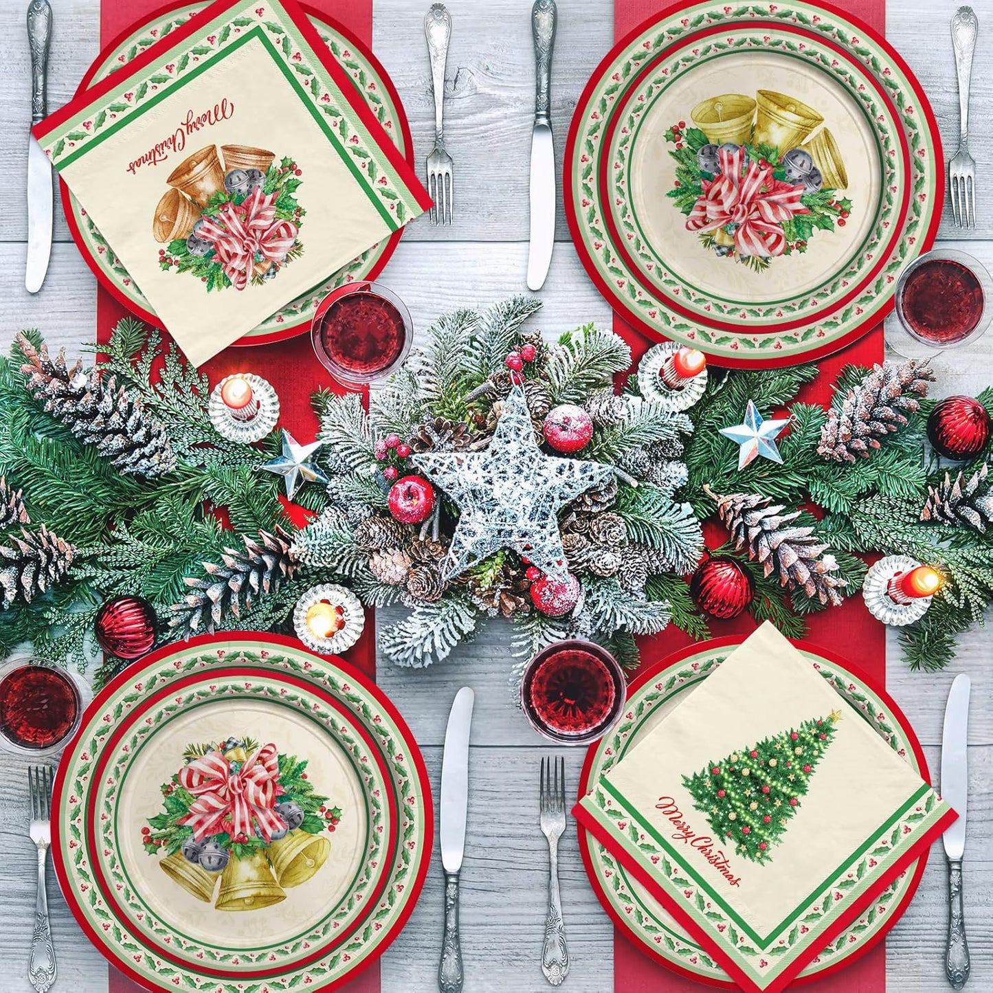 Gatherfun Christmas Party Supplies Kit, Serve 50, Christmas Tree Disposable Dinnerware Includes: Paper Dinner Plates, Dessert Plates, and Napkins, Great for Merry Christmas Party Decorations