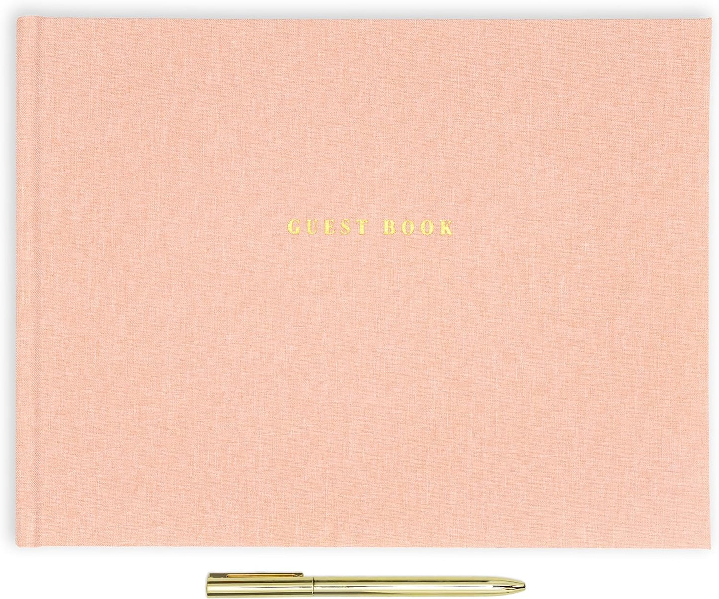 ELYN Linen Guest Book, Sign in Book for Wedding Reception, Birthday, Baby Shower & Events, Matching Gold Gel Pen, Photo Pockets & Table Sign, 80 Pages (Blank & Lined), Large, 11.5 in x 8.5 in (Pink)