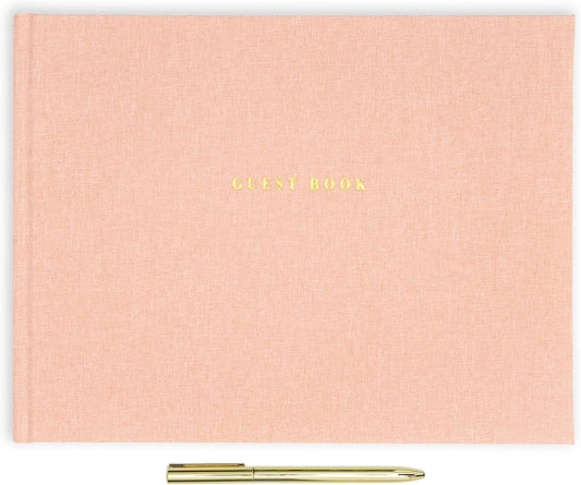 ELYN Linen Guest Book, Sign in Book for Wedding Reception, Birthday, Baby Shower & Events, Matching Gold Gel Pen, Photo Pockets & Table Sign, 80 Pages (Blank & Lined), Large, 11.5 in x 8.5 in (Pink)