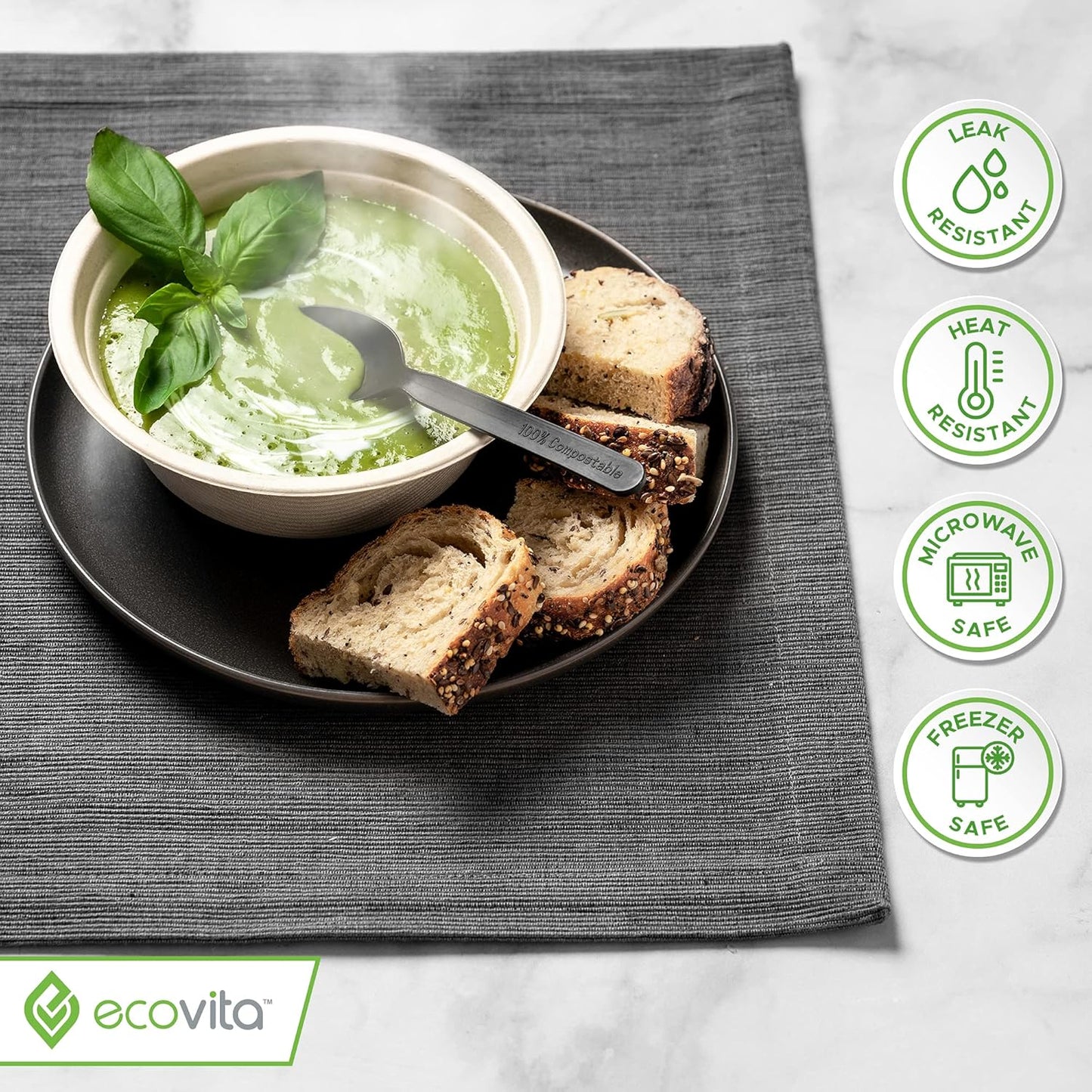 Ecovita 100% Compostable Paper Bowls [32 oz.] – 150 Disposable Bowls Eco Friendly Sturdy Tree Free Liquid and Heat Resistant Alternative to Plastic or Paper Bowls