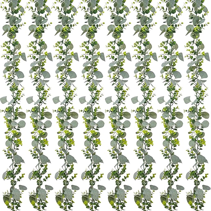 8 Pack Artificial Eucalyptus Garland Fake Greenery Garland Plant Vines Hanging Eucalyptus Leaves for Wedding Backdrop Arch Wall Decor Outdoor Table Centerpieces