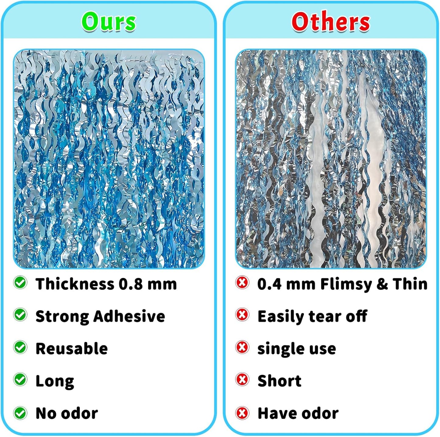 ADLKGG 6 Pack Blue Wavy Foil Fringe Curtain, Streamers Water Beach Backdrop for Ocean Backdrop | Under The Sea Party Decorations | Summer Pool Party Decorations, 3.3x6.6 Feet